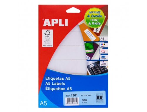 Etiqueta adesiva apli branca 12x30 mm fomrato a5 de 990 unidades , Apli , 79554 , 8410782018612